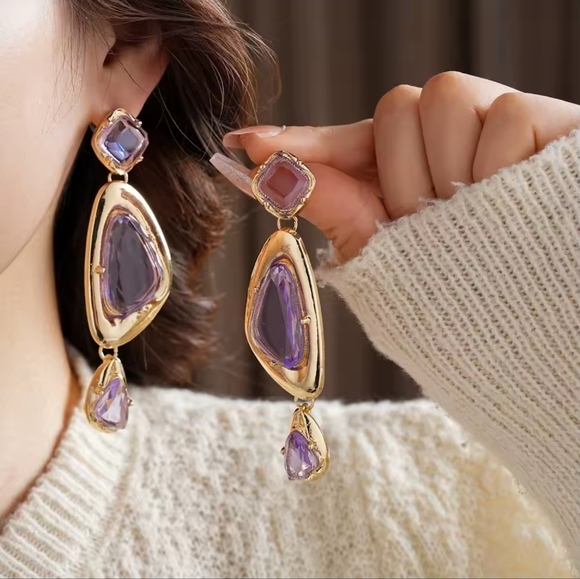 Gold and Purple Drop Earrings - Picture 3 of 6